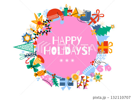 Concept of the winter holiday with round frame of invitations, greeting cards and wallpaper design. Cute cartoon illustration for Christmas and New Year. Festive decor, fir tree, decoration, gift, bow Concept of the winter holiday with round frame of invitations, greeting cards and wallpaper design. Cute cartoon illustration for Christmas and New Year. Festive decor, fir tree, decoration, gift, bow 132110707
