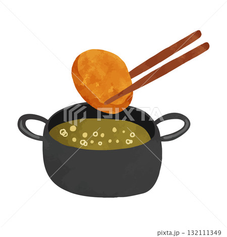 揚げ物鍋とコロッケ　水彩風手描きベクターイラスト 132111349