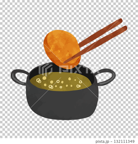 揚げ物鍋とコロッケ　水彩風手描きベクターイラスト 132111349