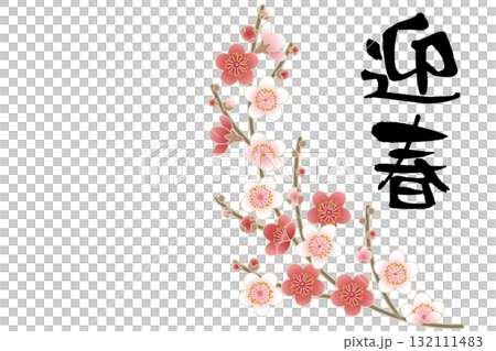 上品な梅の花と迎春の筆文字を組み合わせた和風デザイン 上品な梅の花と迎春の筆文字を組み合わせた和風デザイン 132111483