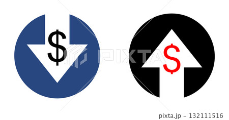 Cost decrease or increase icon. Downward vs upward dollar signs. Cost decrease or increase icon. Downward vs upward dollar signs. 132111516