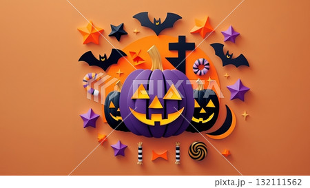 ハロウィンパンプキンとカラフルな装飾デザイン 132111562