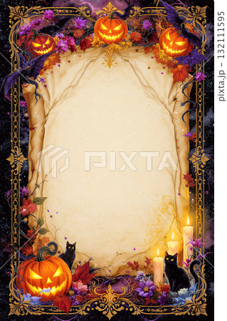 ハロウィン装飾フレームとカボチャ・黒猫・キャンドル 132111595