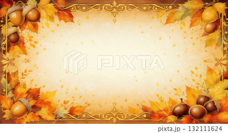 秋のドングリと舞い散る葉のフレーム 132111624
