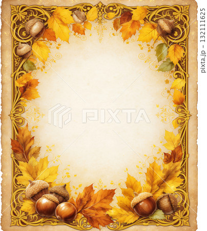 金色のドングリと秋の葉のフレーム 132111625