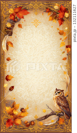 秋のフクロウとドングリのヴィンテージフレーム 132111627