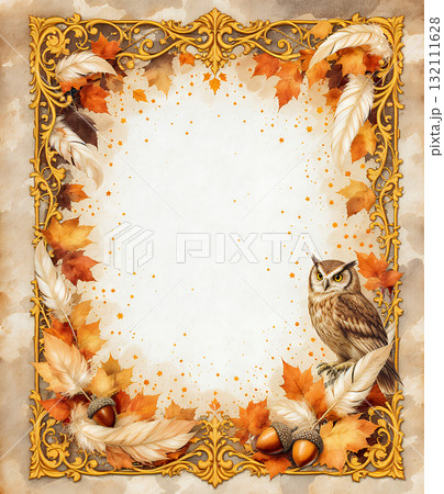 黄金の秋フクロウと羽根のフレーム 黄金の秋フクロウと羽根のフレーム 132111628