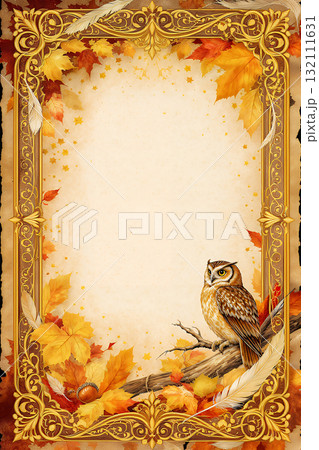 エレガントなフクロウと秋の金色フレーム エレガントなフクロウと秋の金色フレーム 132111631