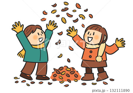 紅葉を上に投げて遊ぶ男の子と女の子 紅葉を上に投げて遊ぶ男の子と女の子 132111890