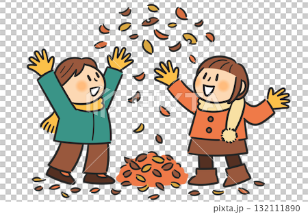 紅葉を上に投げて遊ぶ男の子と女の子 紅葉を上に投げて遊ぶ男の子と女の子 132111890