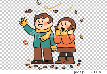 風に舞う落ち葉を見つめる男の子と女の子 風に舞う落ち葉を見つめる男の子と女の子 132111892