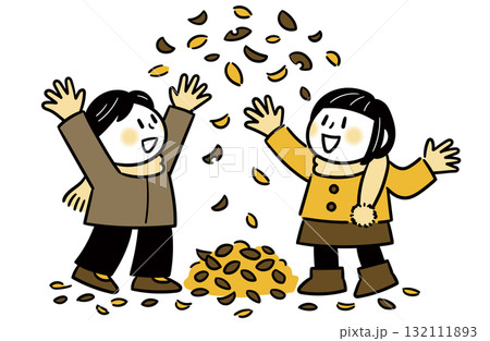 紅葉を上に投げて遊ぶ男の子と女の子(3色) 紅葉を上に投げて遊ぶ男の子と女の子(3色) 132111893