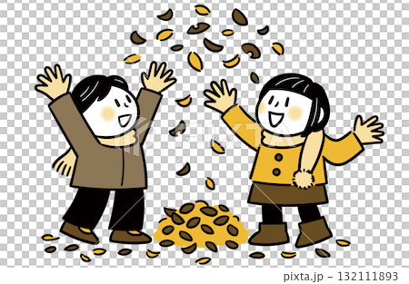 紅葉を上に投げて遊ぶ男の子と女の子(3色) 紅葉を上に投げて遊ぶ男の子と女の子(3色) 132111893