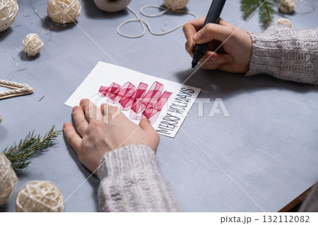 Christmas tree ribbon Sustainable Christmas preparation Diy process of making handmade greeting cards. Step by step activity for children. Inclusive and responsible stress relief holiday hobby 132112082
