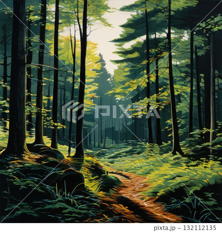 an AI Image Generator, Serene Forest Trail Illuminated by Morning Sunlight and Surrounded 132112135