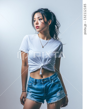 白Tシャツとデニムショートパンツの女性モデル｜シンプルで洗練された夏のカジュアルコーデ 132112185