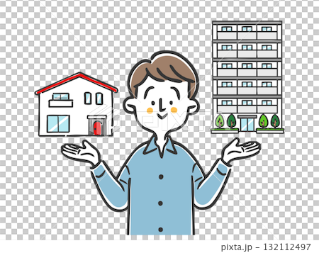 一戸建てとマンション 選択 不動産 男性 ベクター 一戸建てとマンション 選択 不動産 男性 ベクター 132112497
