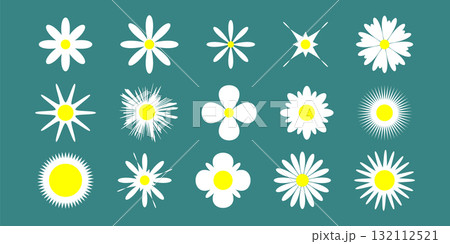 Collection of Simple Daisy Chamomile Icon with Yellow Centers on Teal Background. Collection of Simple Daisy Chamomile Icon with Yellow Centers on Teal Background. 132112521