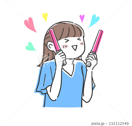 ペンライトを持って推し活を楽しむ女性のイラスト素材 ペンライトを持って推し活を楽しむ女性のイラスト素材 132112549