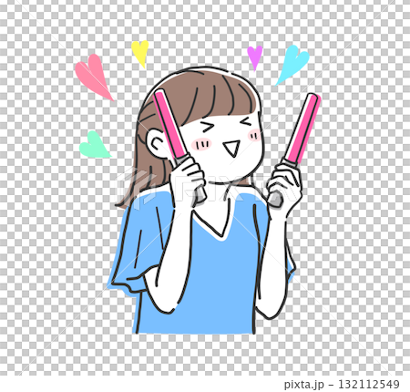 ペンライトを持って推し活を楽しむ女性のイラスト素材 ペンライトを持って推し活を楽しむ女性のイラスト素材 132112549