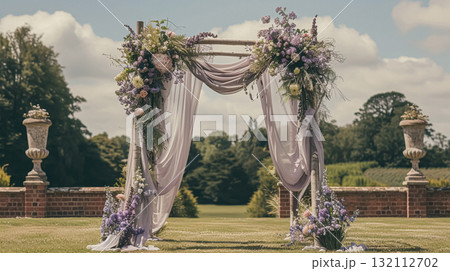 Wedding Ceremony Decorated with Lavender Flowers in the garden. Holiday concept 132112702