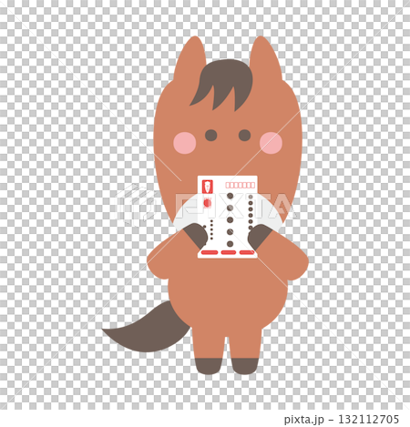 年賀状を読むかわいい馬のキャラクターイラスト素材 132112705