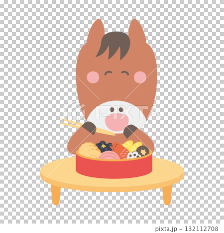 Cute horse character illustration material eating New Year's food Cute horse character illustration material eating New Year's food 132112708