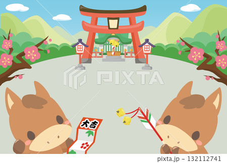 午年　年賀素材　2026年　初詣に行く午のテンプレート　文字無し 132112741