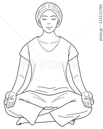 瞑想・ヨガをしている女性のイラスト（線画） 132112760