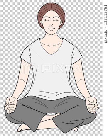 一位正在冥想和做瑜伽的女性的彩色插圖 132112761