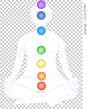 ヨガ・瞑想をしている女性とチャクラのイラスト　チャクラの場所 132112762