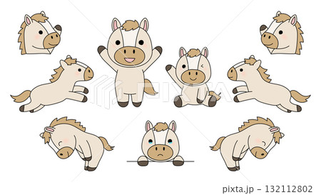 かわいい馬のイラストセット 2026年年賀状 干支 午年 かわいい馬のイラストセット 2026年年賀状 干支 午年 132112802