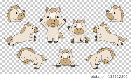 かわいい馬のイラストセット 2026年年賀状 干支 午年 かわいい馬のイラストセット 2026年年賀状 干支 午年 132112802