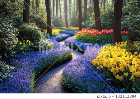 Colorful Flower Path at Keukenhof Garden, Lisse, Netherlands Colorful Flower Path at Keukenhof Garden, Lisse, Netherlands 132112884