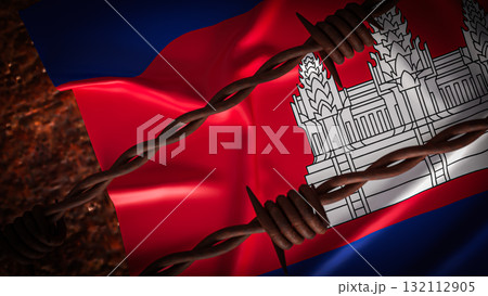 The Cambodia flag and barbed wire for Background 3d Rendering. The Cambodia flag and barbed wire for Background 3d Rendering. 132112905