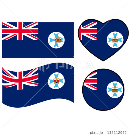 Waving flag of Queensland. Queensland Australia national flag on white background. Queensland love flag. Circle badge. flat style. Waving flag of Queensland. Queensland Australia national flag on white background. Queensland love flag. Circle badge. flat style. 132112952