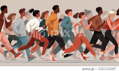 Illustrated group of diverse people running together in casual sportswear, symbolizing unity, health and active lifestyle 132113107