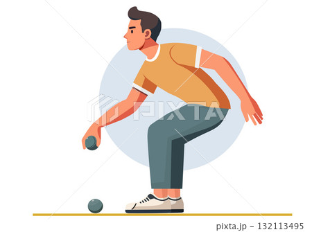 Illustration of a male petanque athlete throwing a steel ball. 132113495