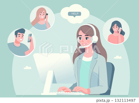 A female customer service representative is assisting several customers. 132113497