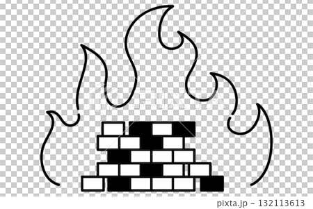 セキュリティ対策、レンガの壁を包む炎の線画アイコン、白黒 セキュリティ対策、レンガの壁を包む炎の線画アイコン、白黒 132113613