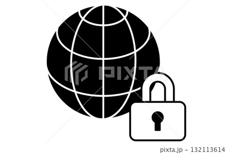 セキュリティ対策、ネットワークセキュリティロックの線画アイコン、白黒 セキュリティ対策、ネットワークセキュリティロックの線画アイコン、白黒 132113614