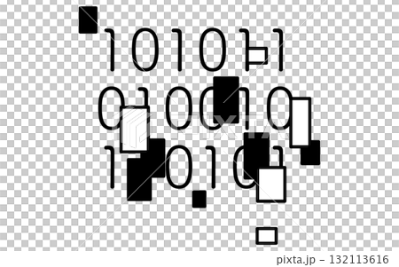 二進制數字和隱藏它們的塊的線條圖標，安全圖像插圖，黑白 132113616