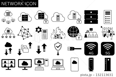 ネットワークのイメージイラスト、クラウドやサーバー・セキュリティ対策の線画アイコン、白黒 ネットワークのイメージイラスト、クラウドやサーバー・セキュリティ対策の線画アイコン、白黒 132113631