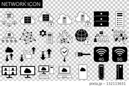 ネットワークのイメージイラスト、クラウドやサーバー・セキュリティ対策の線画アイコン、白黒 ネットワークのイメージイラスト、クラウドやサーバー・セキュリティ対策の線画アイコン、白黒 132113631