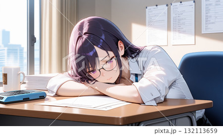 書類の山に囲まれて途方に暮れる女性会社員 132113659