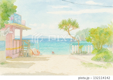 沖縄のビーチと青い海(水彩風イラスト) 沖縄のビーチと青い海(水彩風イラスト) 132114142