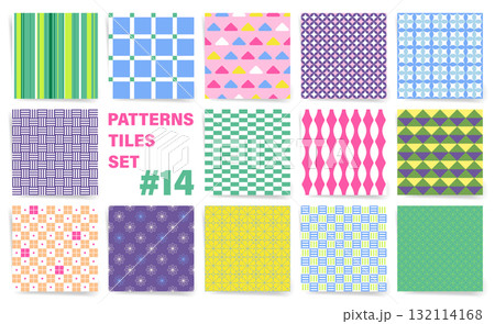 Pastel seamless pattern collection, geometric and asian styles, playful floral and geometric vector tiles. A lot japanese ornaments and geometric shapes, checkerboards, grids,  132114168