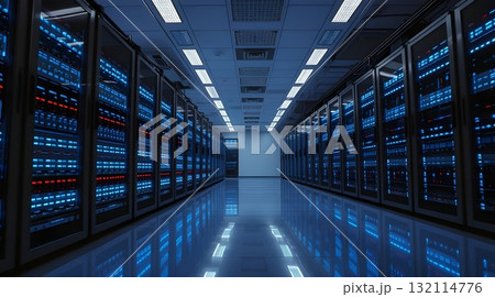 Computer network server room with server racks and modern interior design. 132114776