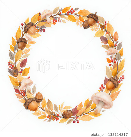 どんぐりときのこの秋のリース どんぐりときのこの秋のリース 132114817
