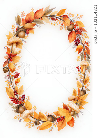 きのことどんぐりとベリーの秋のリース 132114821